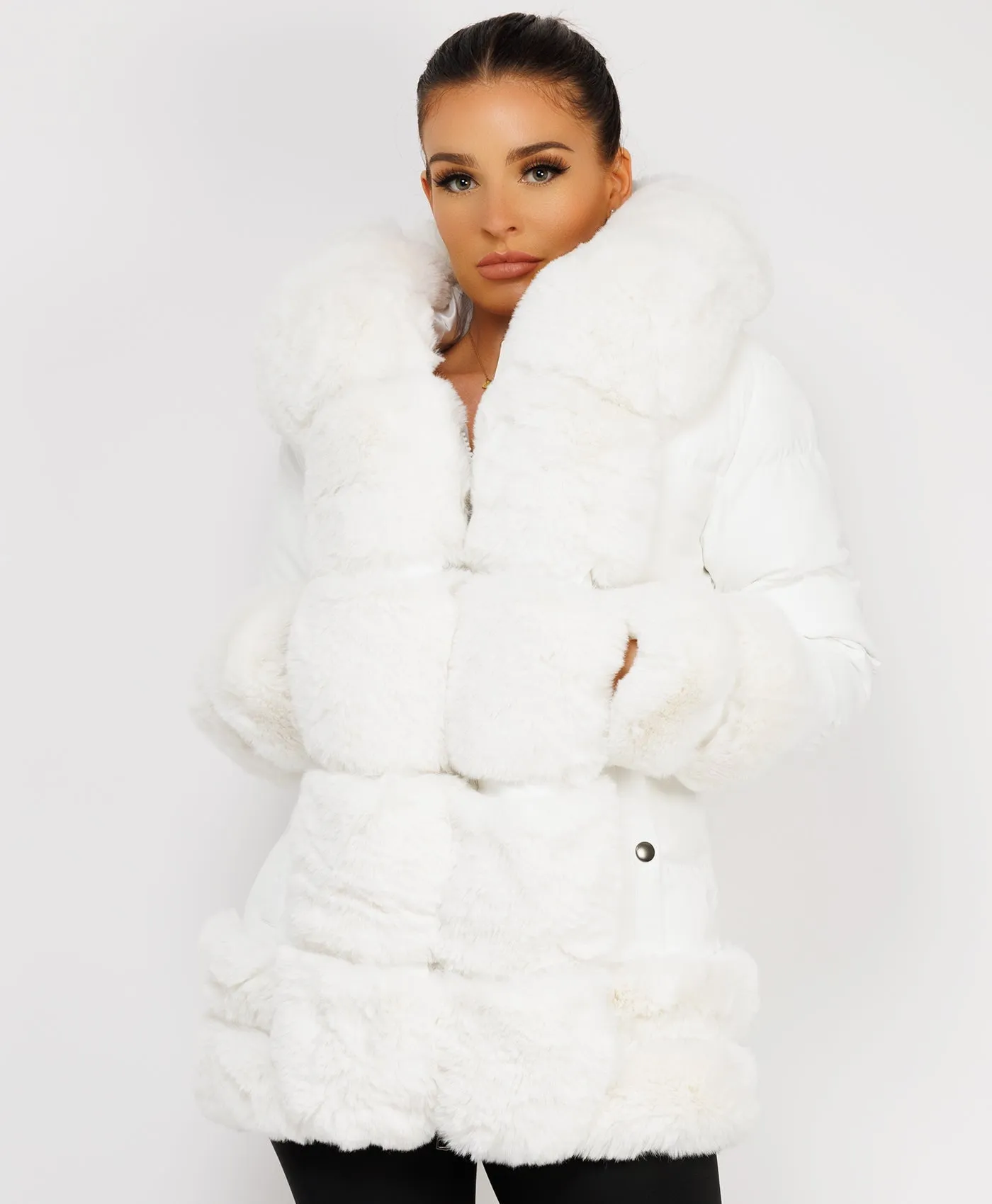 White Puffer Padded Jacket With Faux Fur Hood Cuff And Trim