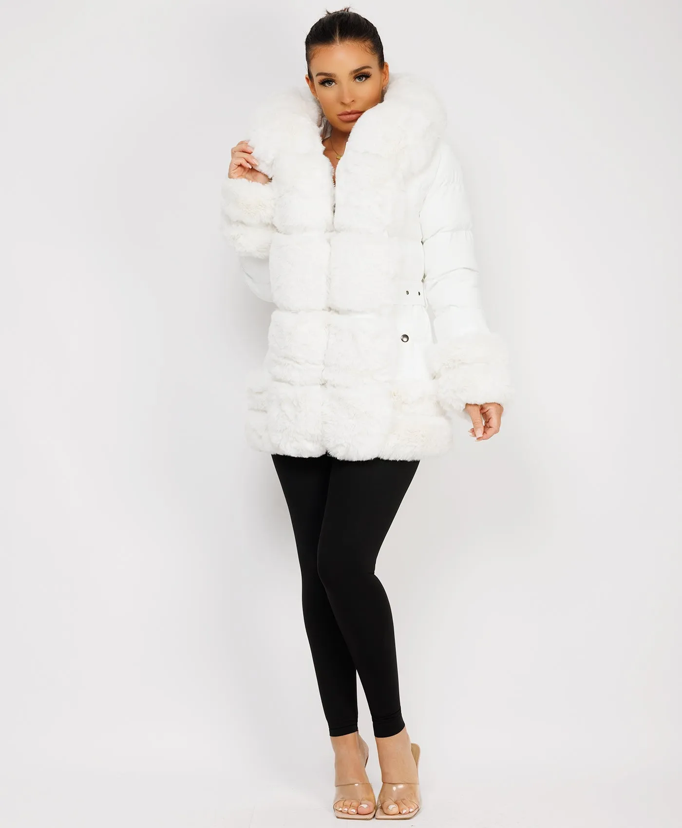 White Puffer Padded Jacket With Faux Fur Hood Cuff And Trim