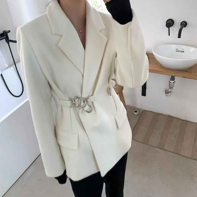 White Woolen Suit Jacket Women Loose Design Niche Temperament Thick Suit Jacket