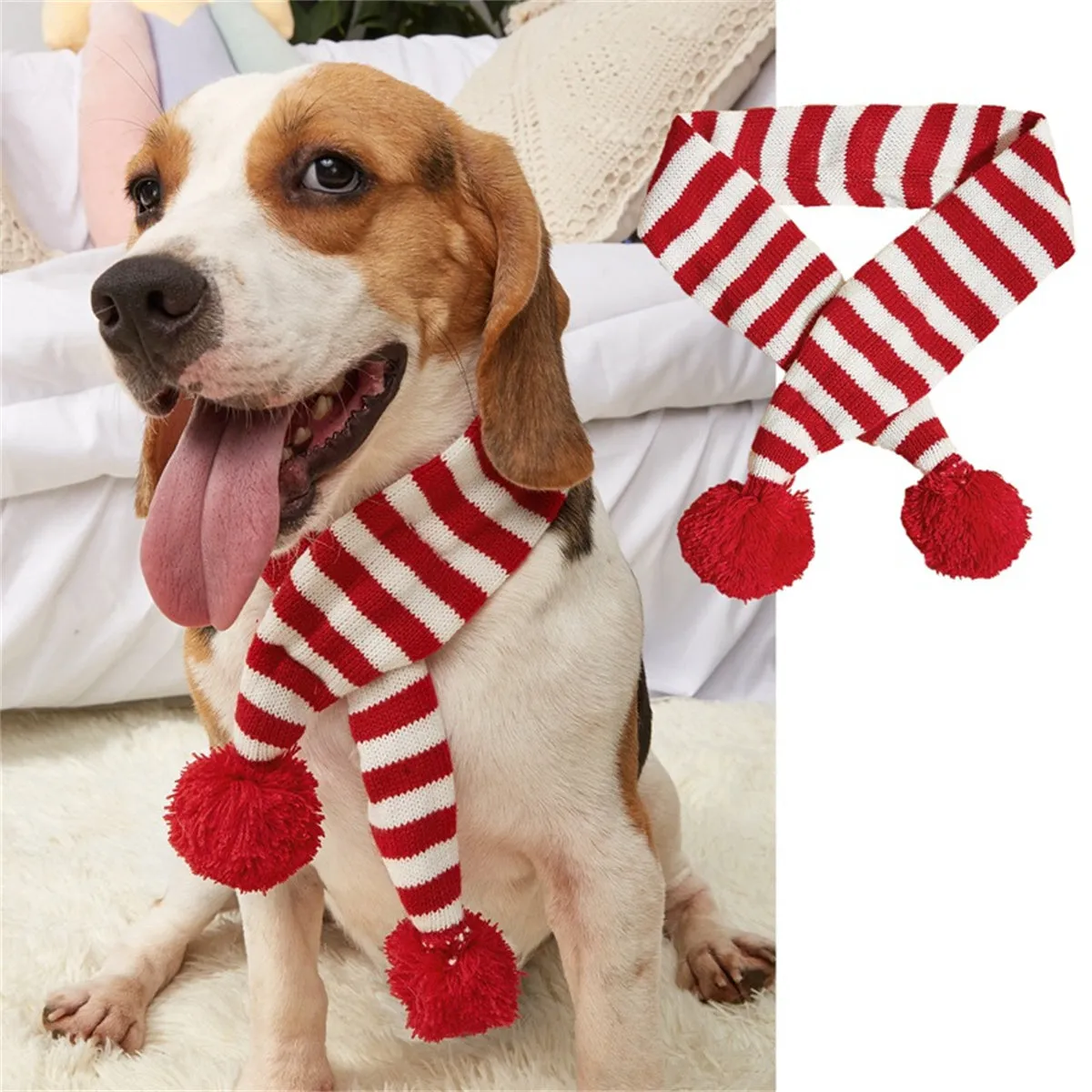 Winter Christmas Knitted Striped Fur Ball Scarf for Cats and Dogs