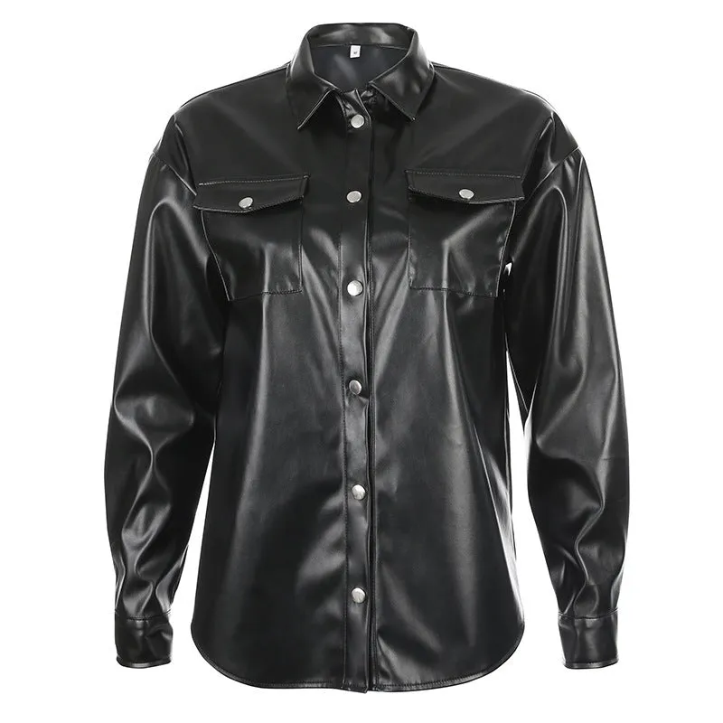 Wish Women's Street Handsome Locomotive Big Pocket Small Loose Lapel Leather Jacket