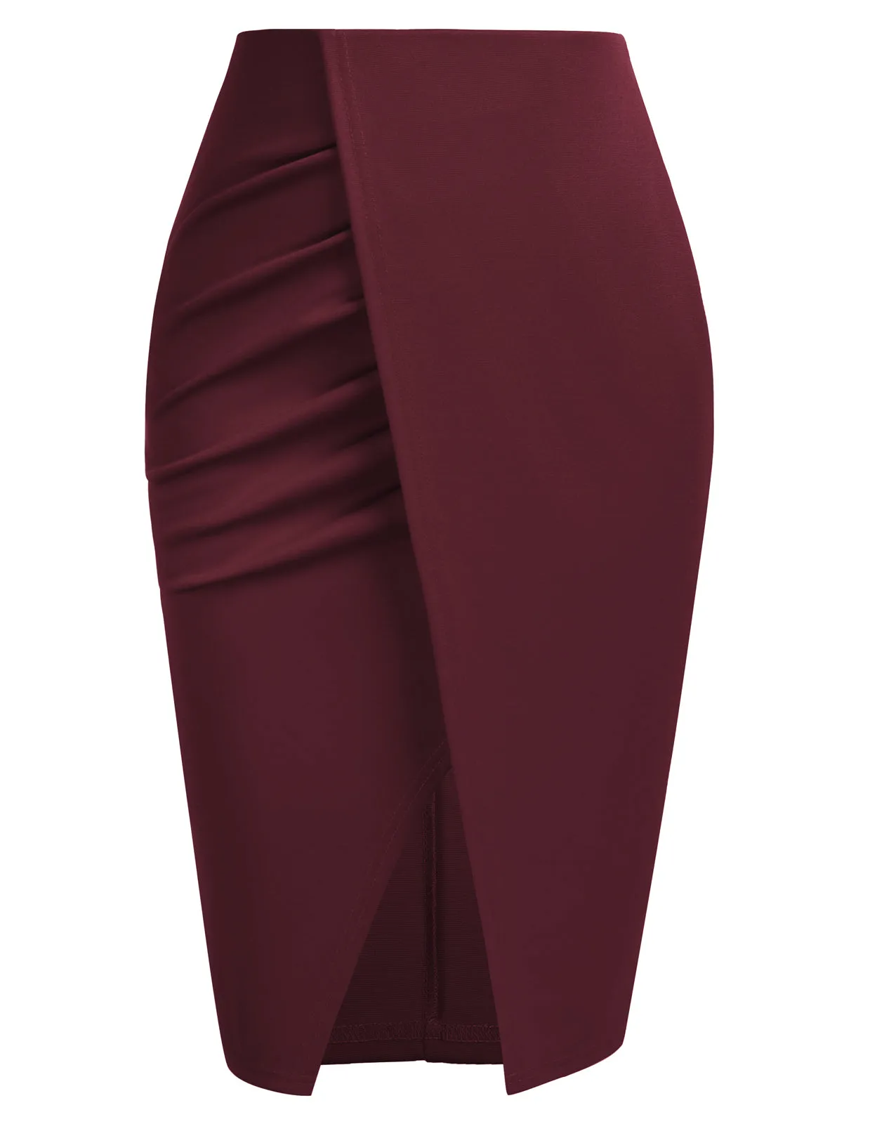 Women High Waisted Warp Ruched Pencil Skirt Elegant Split Slit Hem Bodycon Midi Skirt Wear to Work