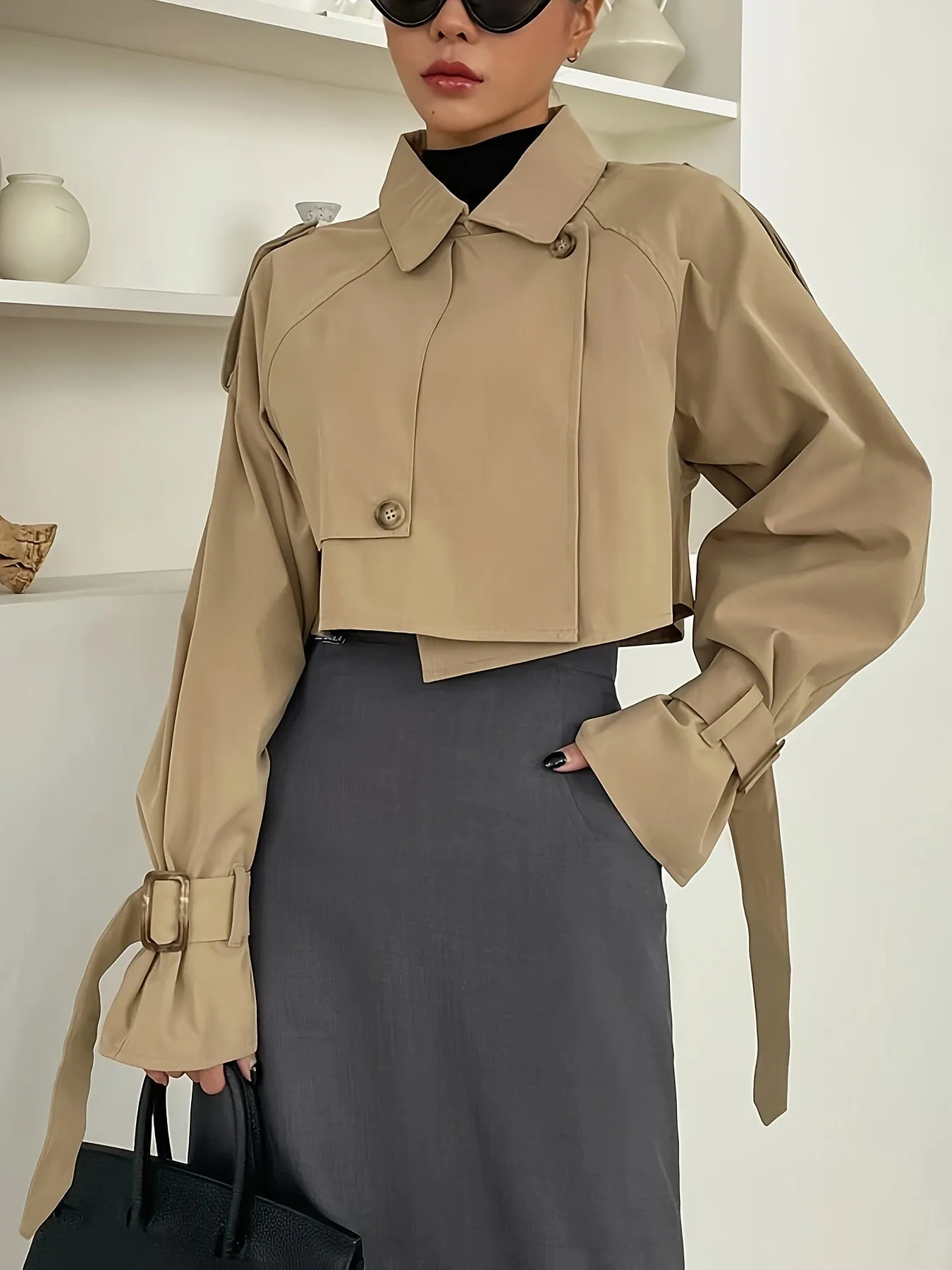 Women’s Casual Short Puff Sleeved Trench Coat in Khaki | Perfect for Autumn/Winter