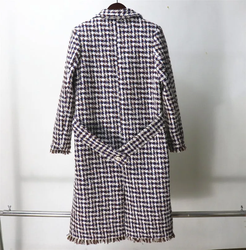 Womens Long Coat CUSTOM MADE Houndstooth Checked Wool Blend Tweed