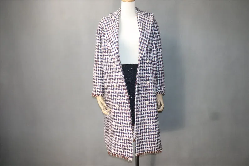 Womens Long Coat CUSTOM MADE Houndstooth Checked Wool Blend Tweed