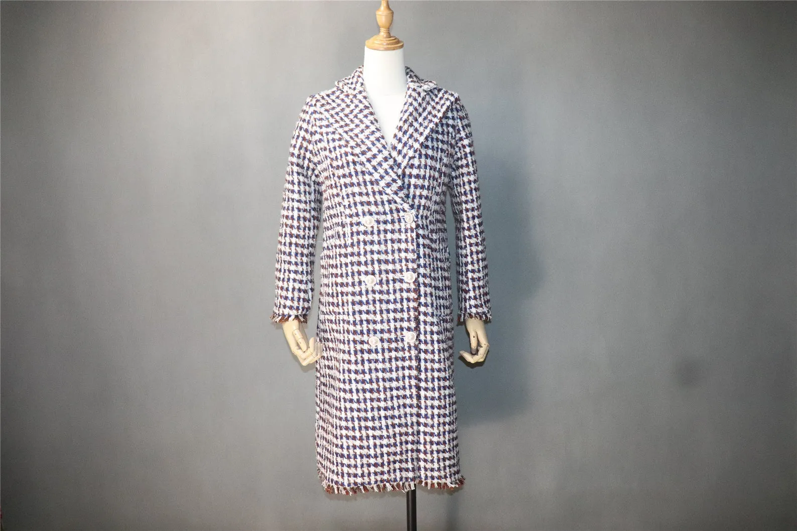 Womens Long Coat CUSTOM MADE Houndstooth Checked Wool Blend Tweed