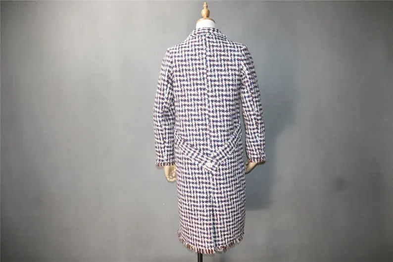 Womens Long Coat CUSTOM MADE Houndstooth Checked Wool Blend Tweed