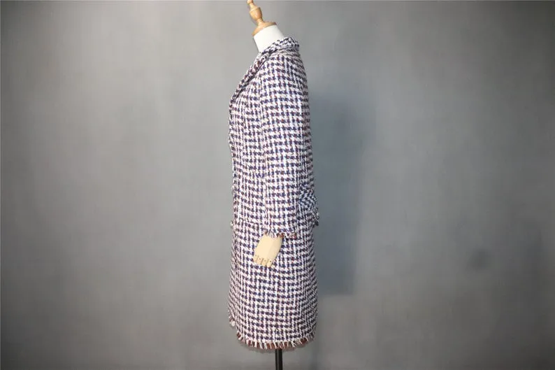 Womens Long Coat CUSTOM MADE Houndstooth Checked Wool Blend Tweed