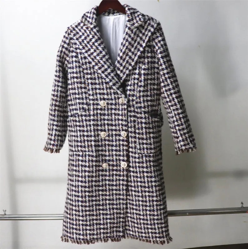 Womens Long Coat CUSTOM MADE Houndstooth Checked Wool Blend Tweed