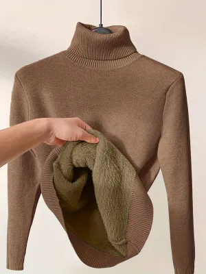 Women's Stylish Solid Color Turtleneck Jumper with Fleece | Ideal for Autumn/Winter